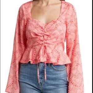 BCBGENERATION Hearts Ruched Front Bell sleeve Blouse Top sz S NWT